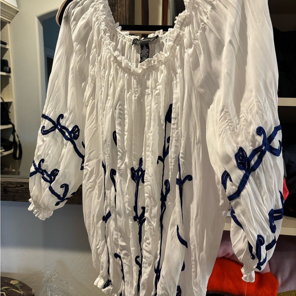 INC International Concepts White Blouse with Blue Embroidery